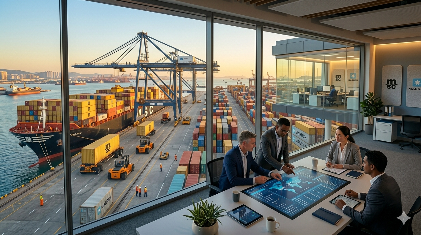 Büro mit Blick auf aktive Hafenanlage und Containerumschlag